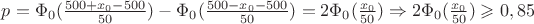 $p=\Phi_0(\frac{500+x_0-500}{50})-\Phi_0(\frac{500-x_0-500}{50})=2\Phi_0(\frac{x_0}{50}) \Rightarrow 2\Phi_0(\frac{x_0}{50}) \geqslant 0,85$