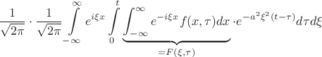 $$\frac{1}{\sqrt{2\pi}}\cdot \frac{1}{\sqrt{2\pi}}\int\limits_{-\infty}^{\infty} e^{i \xi x} \int\limits_{0}^{t}\underbrace{\int_{-\infty}^\infty e^{-i\xi x}f(x,\tau) dx}\limits_{= F(\xi,\tau)} \cdot e^{-a^2\xi^2(t-\tau)}d\tau d\xi$$