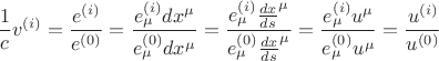 $$
\frac{1}{c} v^{(i)} = \frac{ e^{(i)} }{ e^{(0)} }
= \frac{ e^{(i)}_{\mu} dx^{\mu} }{ e^{(0)}_{\mu} dx^{\mu} }
= \frac{ e^{(i)}_{\mu} {\frac{dx}{ds}}^{\mu} }{ e^{(0)}_{\mu} {\frac{dx}{ds}}^{\mu} }
= \frac{ e^{(i)}_{\mu} u^{\mu} }{ e^{(0)}_{\mu} u^{\mu} }
= \frac{ u^{(i)} }{ u^{(0)} }
$$