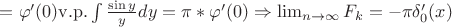 $=\varphi'(0)\mathrm{v.p.}\int\frac{\sin y}{y}dy=\pi \ast \varphi'(0)\Rightarrow \lim_{n \to \infty }F_{k}=-\pi\delta' _{0}(x)$