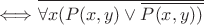 $\Longleftrightarrow\overline{\forall x (P(x,y)\vee \overline{ P(x,y))}}$