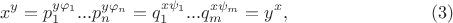 $$ x^y = p_1^{y \varphi_1} ... p_n^{y \varphi_n} = q_1^{x \psi_1} ... q_m^{x \psi_m} = y^x, \eqno(3) $$