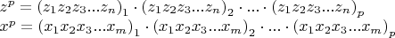 $
\begin{array}{l}
 z^p  = \left( {z_1 z_2 z_3 ...z_n } \right)_1  \cdot \left( {z_1 z_2 z_3 ...z_n } \right)_2  \cdot ... \cdot \left( {z_1 z_2 z_3 ...z_n } \right)_p  \\ 
 x^p  = \left( {x_1 x_2 x_3 ...x_m } \right)_1  \cdot \left( {x_1 x_2 x_3 ...x_m } \right)_2  \cdot ... \cdot \left( {x_1 x_2 x_3 ...x_m } \right)_p  \\ 
 \end{array}
$