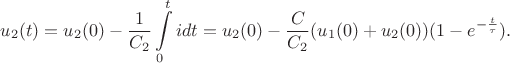 $$u_2(t)=u_2(0)-\frac{1}{C_2}\int\limits_0^t idt=u_2(0)-\frac{C}{C_2}(u_1(0)+u_2(0))(1-e^{-\frac{t}{\tau}}).$$