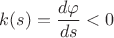 $$k(s)=\dfrac{d\varphi}{ds}<0$$