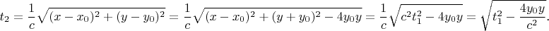 $$t_2=\frac 1c\sqrt{(x-x_0)^2+(y-y_0)^2}=\frac 1c\sqrt{(x-x_0)^2+(y+y_0)^2-4y_0y}=\frac 1c\sqrt{c^2t_1^2-4y_0y}=\sqrt{t_1^2-\frac{4y_0y}{c^2}}\text{.}$$