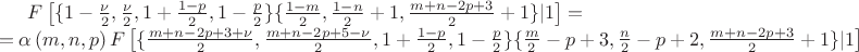 $F\left[ \lbrace {1-\frac{\nu}{2} , \frac{\nu}{2},1+\frac{1-p}{2},1-\frac{p}{2}} \rbrace \lbrace {\frac{1-m}{2},\frac{1-n}{2}+1,\frac{m+n-2p+3}{2}+1} \rbrace \vert 1 \right]=\\
=\alpha\left({m,n,p}\right) F\left[ \lbrace {\frac{m+n-2p+3+\nu}{2} , \frac{m+n-2p+5-\nu}{2},1+\frac{1-p}{2},1-\frac{p}{2}} \rbrace \lbrace {\frac{m}{2}-p+3,\frac{n}{2}-p+2,\frac{m+n-2p+3}{2}+1} \rbrace \vert 1 \right] $