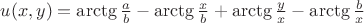 $u(x,y)=\arctg \frac{a}{b}-\arctg \frac{x}{b}+\arctg \frac{y}{x}-\arctg \frac{b}{x}$