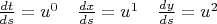 $\frac{dt}{ds}=u^0 \quad \frac{dx}{ds}=u^1 \quad \frac{dy}{ds}=u^2$