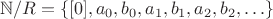 $$
\mathbb{N}/R = \{ [0], a_0, b_0, a_1, b_1, a_2, b_2, \ldots \}
$$