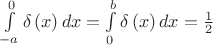 $\int\limits_{ - a}^0 {\delta \left( x \right)dx}  = \int\limits_0^b {\delta \left( x \right)dx}  = \frac{1}{2}$