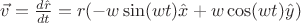 $\vec{v} = \frac{ d \hat{r} }{dt} = r(-w\sin(wt)\hat{x}+w\cos(wt)\hat{y} ) $