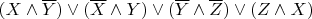 $( X \wedge \overline Y) \vee  (\overline X \wedge  Y) \vee (\overline Y \wedge \overline Z) \vee (Z \wedge X)$