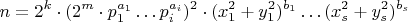 $$n=2^k\cdot (2^m\cdot {p_1^{a_1}\dots p_i^{a_i})^2 \cdot (x_1^2+y_1^2)^{b_1}\dots (x_s^2+y_s^2)^{b_s}$$
