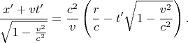 $$\frac{x'+vt'}{\sqrt{1-\frac{v^2}{c^2}}}=\frac{c^2}v\left(\frac rc-t'\sqrt{1-\frac{v^2}{c^2}}\right).$$