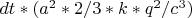 $dt * (a^2 * 2/3 * k * q^2 / c^3)$