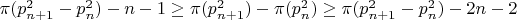 \pi(p_{n+1}^2-p_n^2)  -n -1\ge \pi(p_{n+1}^2)-\pi(p_n^2)  \ge\pi(p_{n+1}^2-p_n^2)  -2n -2