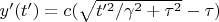 $y'(t') = c(\sqrt{t'^2/\gamma^2 + \tau^2}-\tau)$