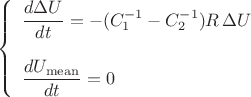 $$\left\{\begin{array}{l}
\dfrac{d\Delta U}{dt}=-(C_1^{-1}-C_2^{-1})R\,\Delta U \\ \\
\dfrac{dU_{\mathrm{mean}}}{dt}=0
\end{array}\right.$$