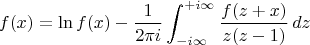 $$f(x)=\ln f(x)-\frac{1}{2\pi i}\int_{-i\infty}^{+i\infty} \frac{f(z+x)}{z(z-1)}\, dz$$
