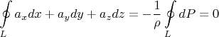$$\oint\limits_{L}^{}a_xdx+a_ydy+a_zdz=-\frac{1}{\rho}\oint\limits_{L}^{}dP=0$$