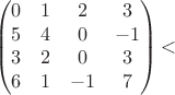 $$
\begin{pmatrix}
 0 & 1 & 2 & 3 \\
 5 & 4 & 0 & -1 \\
 3 & 2 & 0 & 3 \\
 6 & 1 & -1 & 7
\end{pmatrix}
 ​$$