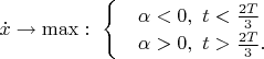 $\dot{x}\rightarrow \max:\ \begin{cases}
 & \text{} \alpha <0,\ t<\frac{2T}{3} \\ 
 & \text{} \alpha >0,\ t>\frac{2T}{3}.  
\end{cases}$
