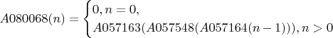 $$A080068(n)=\begin{cases}
0, n=0,\\
A057163(A057548(A057164(n-1))),n>0\\
\end{cases}$$