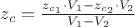 $z_c=\frac {z_{c_1}\cdot V_1-z_{c_2}\cdot V_2}{V_1-V_2}$