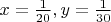 $x=\frac{1}{20}, y=\frac{1}{30}$