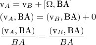 $\[\begin{gathered}
  {{\text{v}}_A} = {{\text{v}}_B} + \left[ {\Omega ,{\text{BA}}} \right] \hfill \\
  \left( {{{\text{v}}_A},{\text{BA}}} \right) = \left( {{{\text{v}}_B},{\text{BA}}} \right) + 0 \hfill \\
  \frac{{\left( {{{\text{v}}_A},{\text{BA}}} \right)}}
{{BA}} = \frac{{\left( {{{\text{v}}_B},{\text{BA}}} \right)}}
{{BA}} \hfill \\ 
\end{gathered} \]$