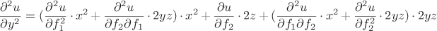 $$\frac{\partial ^2 u}{\partial y^2}=(\frac{\partial ^2 u}{\partial f_1^2}\cdot x^2+\frac{\partial ^2 u}{\partial f_2\partial f_1}\cdot 2yz)\cdot x^2+\frac{\partial u}{\partial f_2}\cdot 2z+(\frac{\partial ^2 u}{\partial f_1\partial f_2}\cdot x^2+\frac{\partial ^2 u}{\partial f_2^2}\cdot 2yz)\cdot 2yz$$