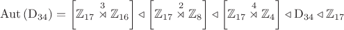$$\mathrm{Aut}\left(\mathrm{D}_{34}\right)=\left[\mathbb{Z}_{17}\overset{3}{\rtimes}\mathbb{Z}_{16}\right]\triangleleft\left[\mathbb{Z}_{17}\overset{2}{\rtimes}\mathbb{Z}_{8}\right]\triangleleft\left[\mathbb{Z}_{17}\overset{4}{\rtimes}\mathbb{Z}_{4}\right]\triangleleft\mathrm{D}_{34}\triangleleft\mathbb{Z}_{17}$$