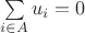 $\sum\limits_{i \in A} u_i = 0$