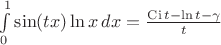$\int\limits_{0}^{1}\sin (tx) \ln x \, dx = \frac {\operatorname {Ci} t -\ln t- \gamma} t$