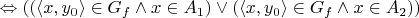 $\Leftrightarrow ((\langle x,y_0 \rangle \in G_f \land x \in A_1) \lor (\langle x,y_0 \rangle \in G_f \land x \in A_2)) $