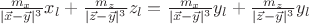 $\frac{m_x}{|\vec x-\vec y|^3} x_l+\frac{m_z}{|\vec z-\vec y|^3} z_l=\frac{m_x}{|\vec x-\vec y|^3} y_l+\frac{m_z}{|\vec z-\vec y|^3} y_l$