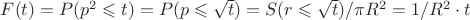 $F(t)=P(p^2\leqslant t)=P(p\leqslant \sqrt t)=S(r\leqslant \sqrt t)/\pi R^2=1/R^2\cdot t$