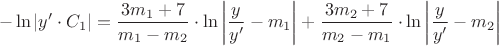 $$-\ln|y'\cdot C_1|=\frac{3m_1+7}{m_1-m_2}\cdot\ln\left |\frac{y}{y'}-m_1\right |+\frac{3m_2+7}{m_2-m_1}\cdot\ln\left |\frac{y}{y'}-m_2\right |$$