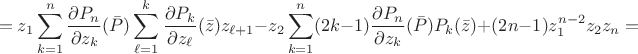 $$=z_1 \sum_{k=1}^n\frac{\partial P_n}{\partial z_k}(\bar P)\sum_{\ell=1}^k \frac{\partial P_k}{\partial z_{\ell}}(\bar z) z_{\ell+1} - z_2 \sum_{k=1}^n (2k-1)\frac{\partial P_n}{\partial z_k}(\bar P) P_k(\bar z) + (2n-1) z_1^{n-2} z_2 z_n=$$