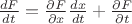 $\frac{dF}{dt}=\frac{\partial F}{\partial x}\frac{dx}{dt}+\frac{\partial F}{\partial t}$