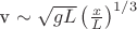 v \sim \sqrt{gL}\left(\frac{x}{L}\right)^{1/3}