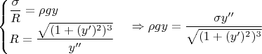 $$\begin{cases}\dfrac{\sigma}{R}=\rho g y\\R =\dfrac{\sqrt{(1+(y')^{2})^{3}}}{y''}\\\end{cases} \Rightarrow \rho g y = \dfrac{\sigma y''}{\sqrt{(1+(y')^{2})^{3}}} $$