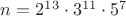 $n=2^{13}\cdot 3^{11}\cdot 5^7$