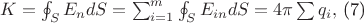 $K=\oint_{S}E_{n}dS=\sum_{i=1}^{m}\oint_{S}E_{in}dS=4\pi \sum q_{i},$ (7) $K=\oint_{S}E_{n}dS=\sum_{i=1}^{m}\oint_{S}E_{in}dS=4\pi \sum q_{i},$ (7)