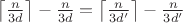 $\left\lceil\frac n{3d}\right\rceil-\frac n{3d}=\left\lceil\frac n{3d'}\right\rceil-\frac n{3d'}$