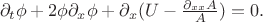 $$\partial_t\phi+2\phi\partial_x \phi+\partial_x (U-\tfrac{\partial_{xx}A}{A})=0.$$