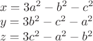 $\\x=3a^2-b^2-c^2\\
y=3b^2-c^2-a^2\\
z=3c^2-a^2-b^2
$