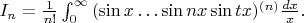 $I_n=\frac1{n!}\int_0^\infty{(\sin x\ldots\sin nx\sin tx)^{(n)}}\frac{dx}x.$