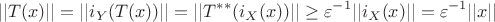 $$
||T(x)||=||i_Y(T(x))||=||T^{**}(i_X(x))||\geq\varepsilon^{-1}||i_X(x)||=\varepsilon^{-1}||x||
$$